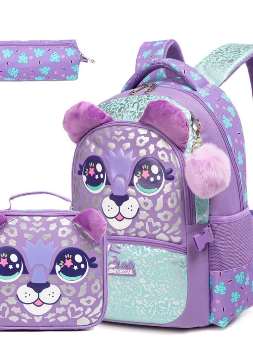 Purple Sparkle Leopard Kids Backpack Set W